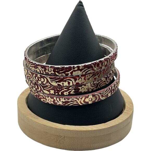 Set Of 4 Vintage Style Silver & Red Floral Pattern Bangles Bracelets - Picture 3 of 9